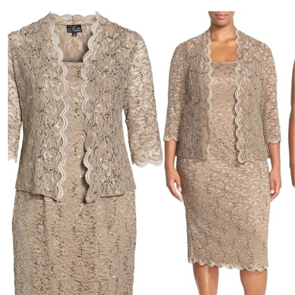 ALEX EVENINGS NORDSTROM LACE COCKTAIL DRESS WITH JACKET DARK CHAMPAGNESZ 8 …
